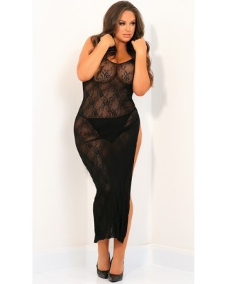 nuisette; longue; sexy; grande taille; lingerie; robe; dentelle; extensible; rené rofé; noire