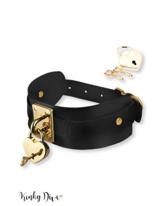 bondage - réglable - femmes - collier - fetish - bondage - sexy - cuir - métal - coeur - doré - cadenas