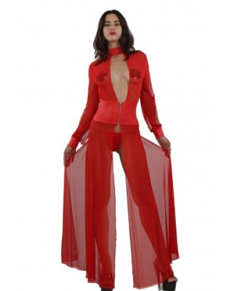 sexy - longue - soirée - dentelle - rouge - résille - fendue - sensuelle