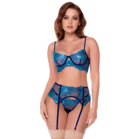 ensemble - 3 pièces - sexy - dentelle - bleu - sexy - napalé